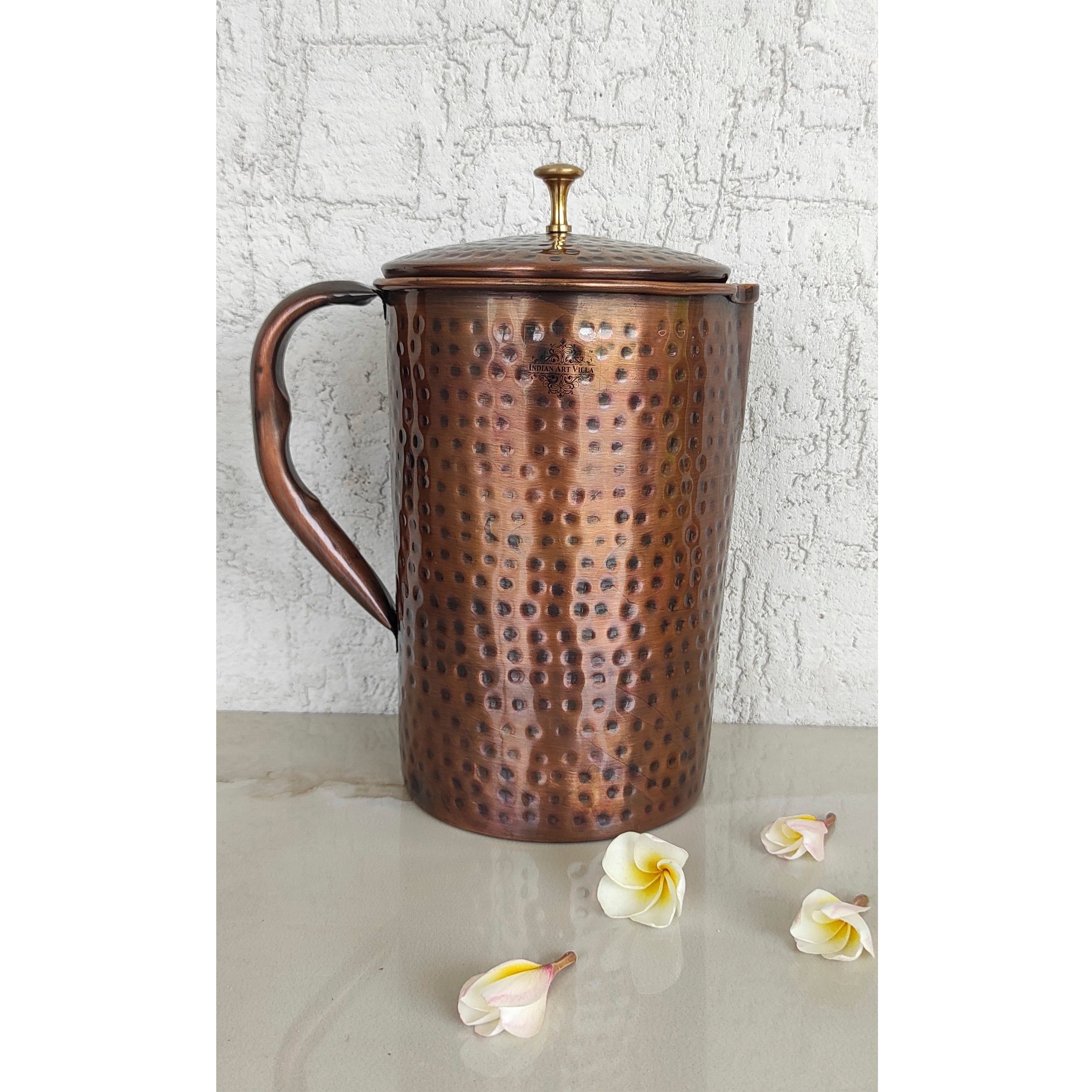 Pure copper hammered antique design jug, pitcher with brass knob on lid dark hammered, 1500 ML